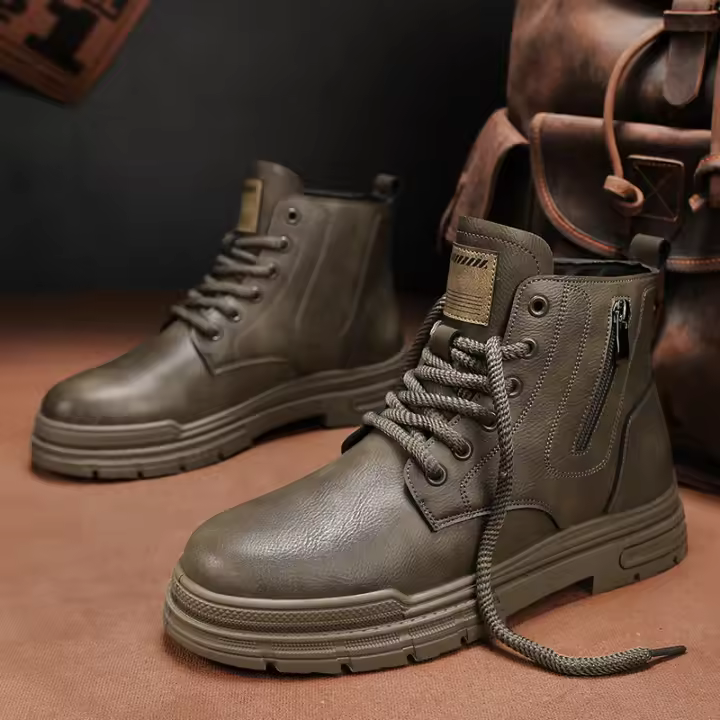 Botas De Cuero Casual Para Hombre Invierno Botas De Trabajo Antideslizantes Alta Top Ankle Biker Zapatos Negros De Diseñador Botines De Tacón Plano Redondos - 1
