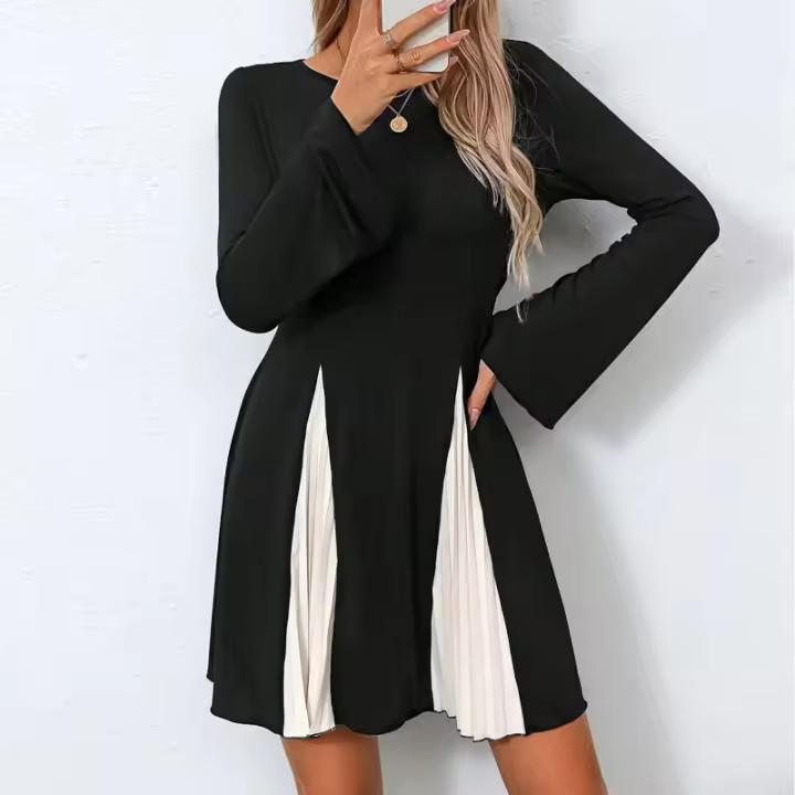 Vestido De Mujer Largo Con Manga Para Primavera Y Verano Estilo Casual Patchwork A-Line Negro Cuello Redondo Vestidos De Verano Mujer - 1