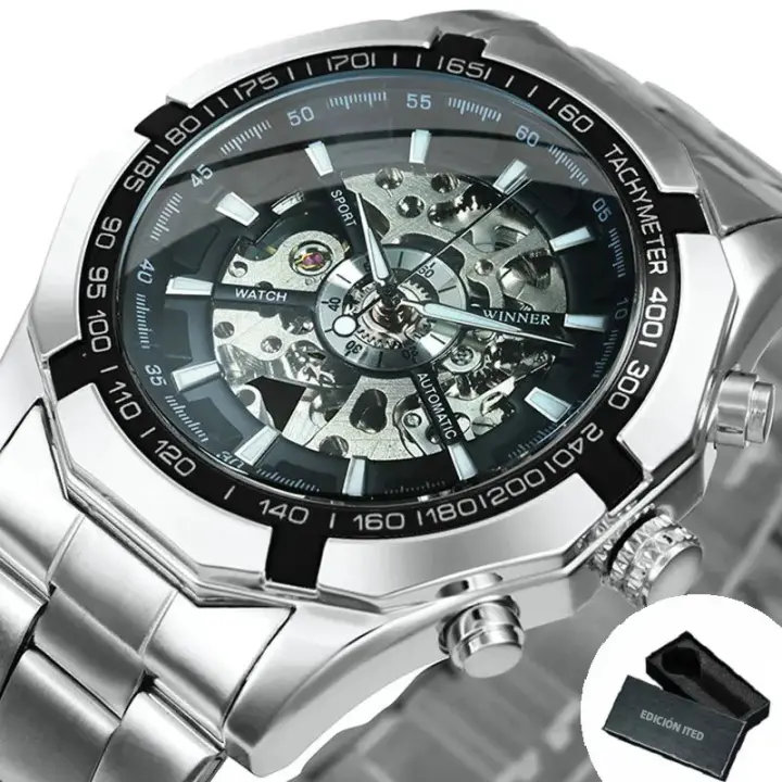 Reloj Mecánico WINNER Clásico Esqueleto Para Hombres Manos Luminosas Correa De Acero Inoxidable Marca De Lujo Forsining Reloj De Pulsera - 1