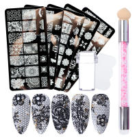 Set De 4 Piezas De Arte De Uñas Con Placas De Estampado De Pétalos Y Encaje Herramientas De Lámina De Imagen Y Brocha De Uñas Material De Acero Inoxidable - details 0