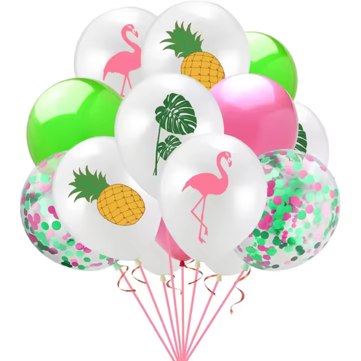 Lot de 15 ballons de fête hawaïens tropicaux - 30,5 cm - ananas, flamants roses et feuilles de palmier - Ballons confettis en latex pour l'été, la plage, les anniversaires, les fêtes prénatales - 1