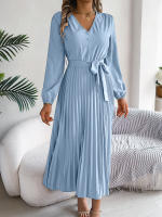 Vestido Elegante De Mujer Con Botones Y Cuello En V Manga Larga Plegado Con Cierre De Lazo Estilo Casual A-Line Para Primavera/Otoño - details 3