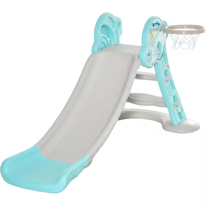 Tobogán para Niños +18 Meses Plegable 2 en 1 con Canasta de Baloncesto Modelo Jirafa Juguete Infantil para Interiores y Exteriores 140x87x75 cm Azul y Gris - 1