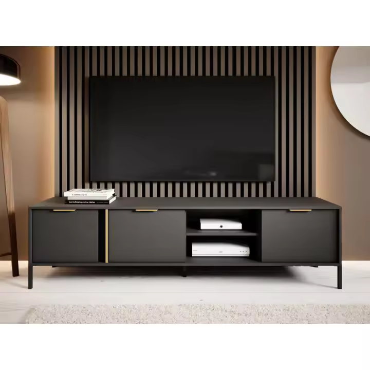 Vente-unique - Mueble TV con 3 puertas y 2 estantes - Antracita y dorado - PAVELI - 1