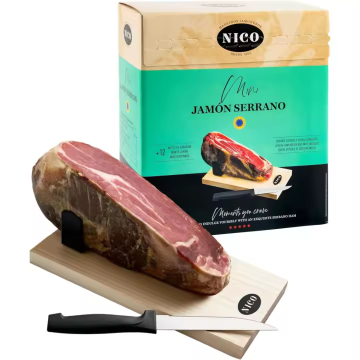 NICO JAMONES - Pack de Jamón Serrano deshuesado. MINI JAMÓN SERRANO con kit de mini jamonero y cuchillo. Aprox. 1 kg. Curación de más de 12 meses. Auténtico serrano. - 1