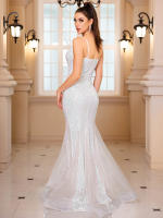 Vestido De Noche De Encaje Organza Blanco Con Vuelta Y Sin Mangas Para Bodas Y Fiestas De Compromiso Vestido De Mujer De Corte Mermaid De Largo Floor - details 16