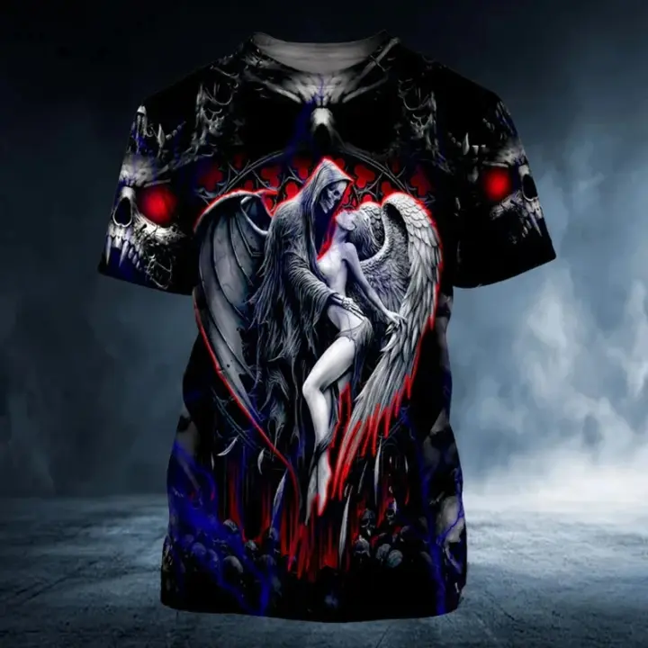 Camiseta De Hombre Con Estampado 3D De Calavera Y Ángel Moda Retro Verano Ropa Urban Oversize Casual Cuello Redondo Manga Corta Nueva - 1