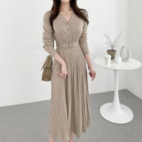 Vestido De Suéter Tejido Para Mujer Estilo Vintage A-Line Cuello V Manga Regular Botones Mid-Calf Talla Suave Otoño Invierno - details 13