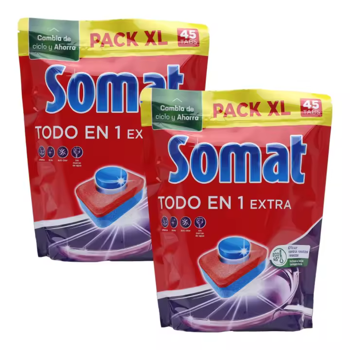 SOMAT Pack 2 Bolsas de Detergente lavavajillas en pastillas Todo en 1 extra bolsa 45 pastillas (Total 90 pastillas) Pack ahorro - 1