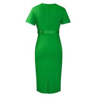 Vestido Elegante Para Oficina Para Mujer Con Cuello En V Manga Corta Cinturón Ajustado Recto Midi Formal Ropa De Negocios Para Mujer - details 38