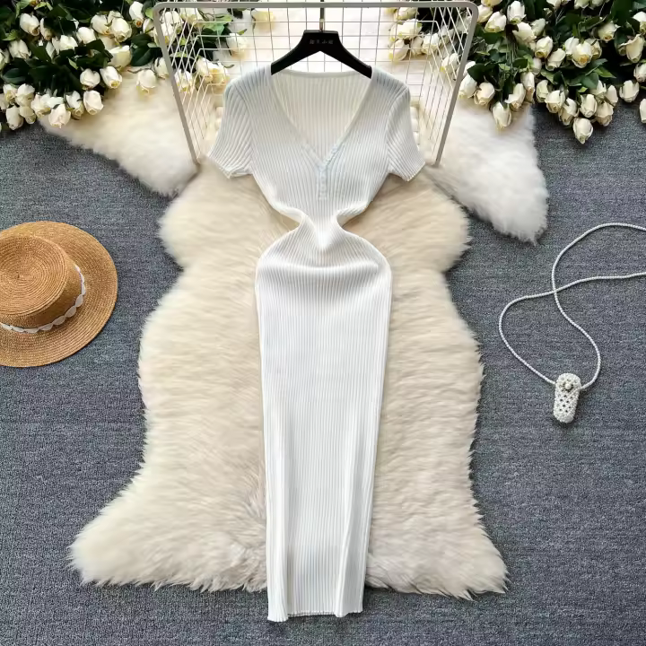 Vestido Bodycon Elegante Para Mujer Vestido Maxi De Verano Con Cuello En V Y Manga Corta Vestido Knit Elasticidad Alta Silueta Ajustada - 1