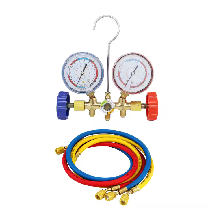 PORCHEDDU Dispositivo de presión de aire acondicionado R134a con Manguera y Ganchillo Herramienta de Diagnóstico 3 Way AC para Freón R12 R22 R404A R134a - 1