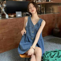 Vestido Mini De Verano Para Mujer Estilo Coreano Sin Mangas Con Tirantes Y Bolsillos Denim A-Line Solapa Suelta Vestido De Corte Vintage - details 3