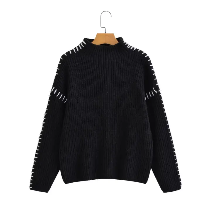 Women Casual Half High Collar Long Sleeve Knitted Pullovers Autumn Winter Patchwork Sweaters Black Loose Jumper - 1