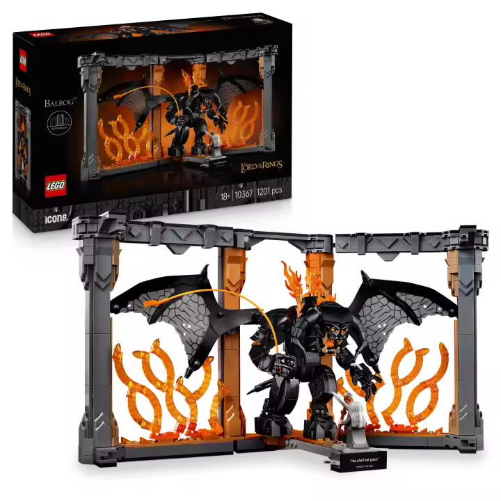 LEGO Icons Rincón entre Libros: El Señor de los Anillos: Balrog - Decoración de Estantería - Sujetalibros con Minifigura de Gandalf el Gris y Figura de Dragón - Regalo para Lectores 10367 - 1