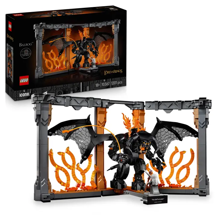LEGO Icons Rincón entre Libros: El Señor de los Anillos: Balrog - Decoración de Estantería - Sujetalibros con Minifigura de Gandalf el Gris y Figura de Dragón - Regalo para Lectores 10367 - 1