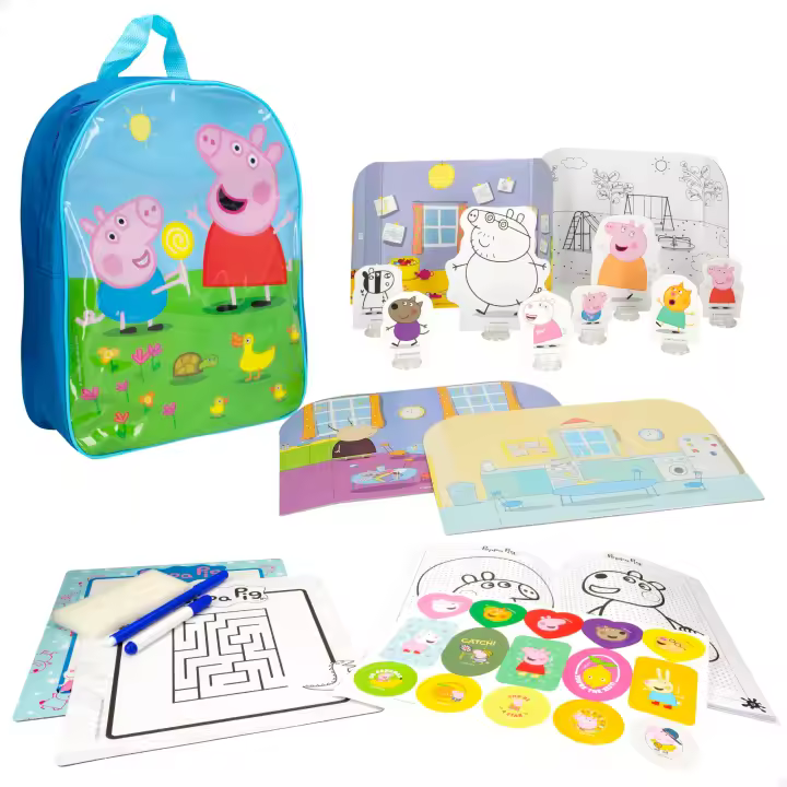 Peppa Pig - Mochila infantil Peppa Pig con cuaderno de actividades, Ejercicios para colorear, Rotuladores, 8 personajes de cartón, Juguete para niños y niñas, Regalo a partir de 3 años - 1