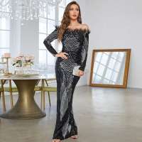 MGIACY Vestido De Cola De Pez Largo Con Solapas De Pluma De Avestruz Brillante Y Cuello En V Para Mujer Vestido De Fiesta - details 4