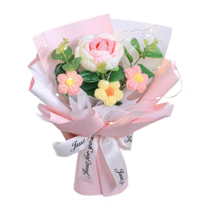 Ramo de flores de ganchillo, ramo de rosas tejido a mano, centro de mesa, adorno versátil, flores de punto, ramo de flores artificiales para regalo del hogar, rosa - 1