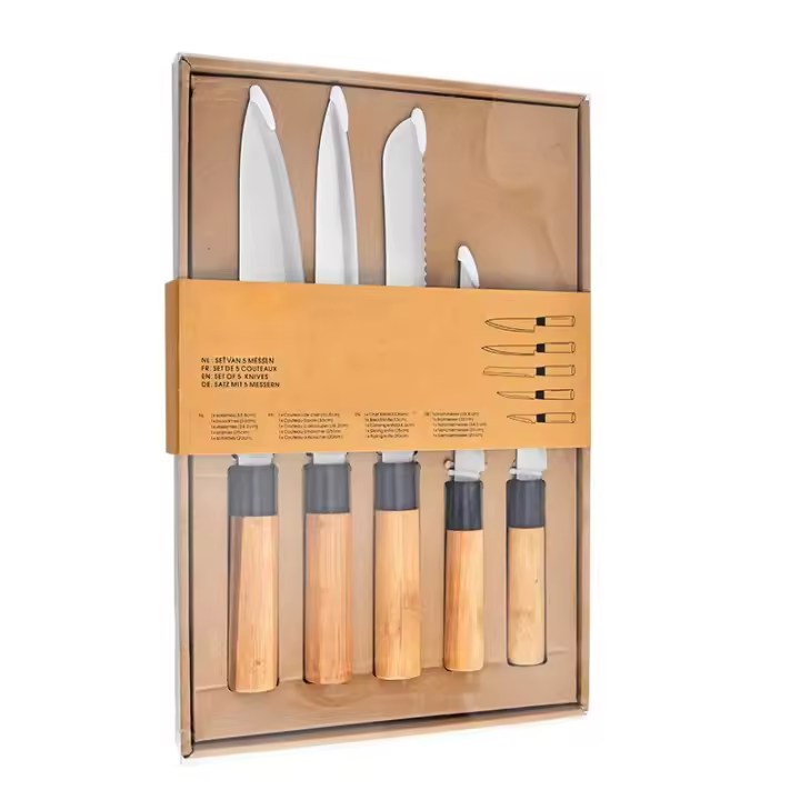 Set de Cuchillos de Cocina Kinvara 5 Piezas con mango de Bambú | Hechos de Acero Inoxidable | Diseño Natural Elegante - 1