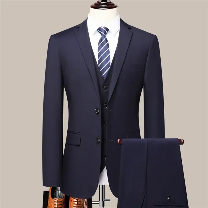 Traje De Tres Piezas Para Hombre De Alta Calidad En Color Sólido Moda Casual Elegante Conjunto De Chaleco Y Pantalones Para Negocios - 1