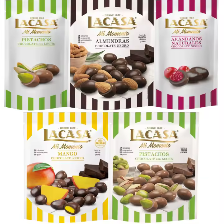 Lacasa Mi Momento pack de 5:Arándano choco Negro 60G,Pistacho Leche 50G,Almendra choco Negro 125G,Pistacho Leche 100G,Mango choco Negro 115G - 1