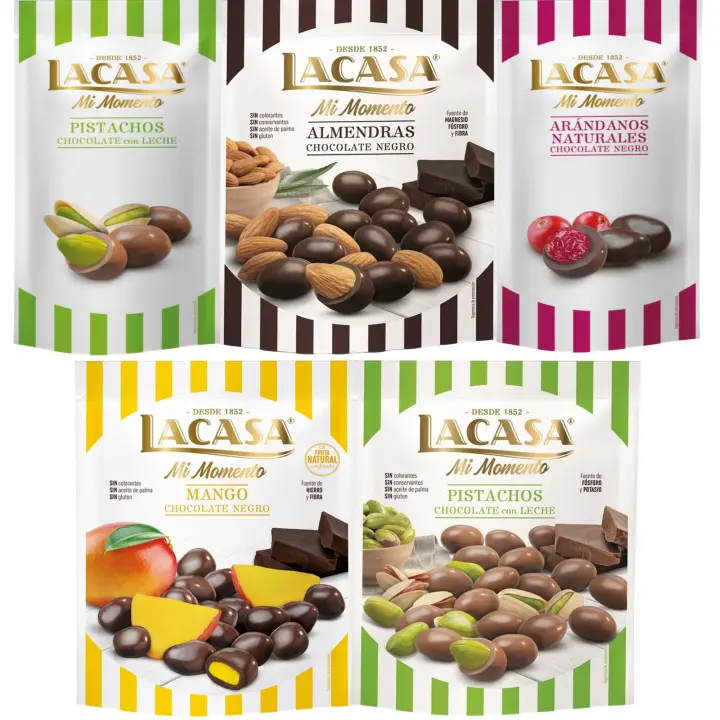 Lacasa Mi Momento pack de 5:Arándano choco Negro 60G,Pistacho Leche 50G,Almendra choco Negro 125G,Pistacho Leche 100G,Mango choco Negro 115G - 1
