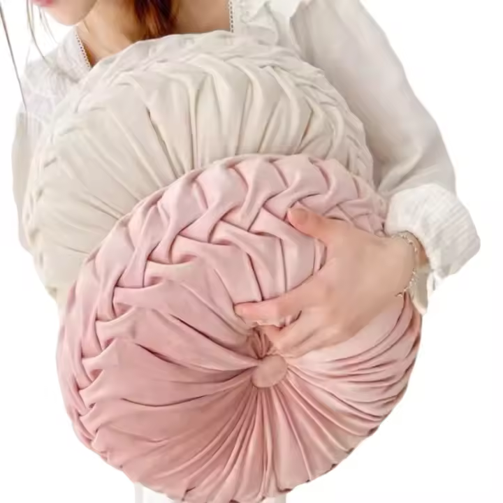 Cojín Redondo De Velours Trenzado Suave Para Decoración De Silla De Sofa Y Cama En Color Crema Cojín Decorativo De Muebles - 1