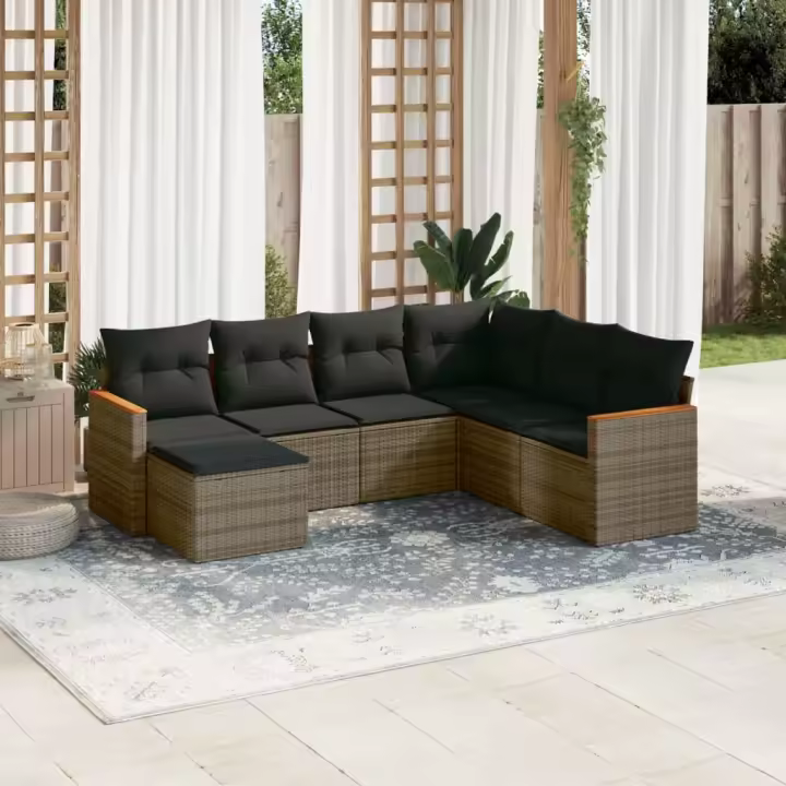 vidaXL Set de sofás de jardín 7 piezas con cojines ratán PE gris - 1