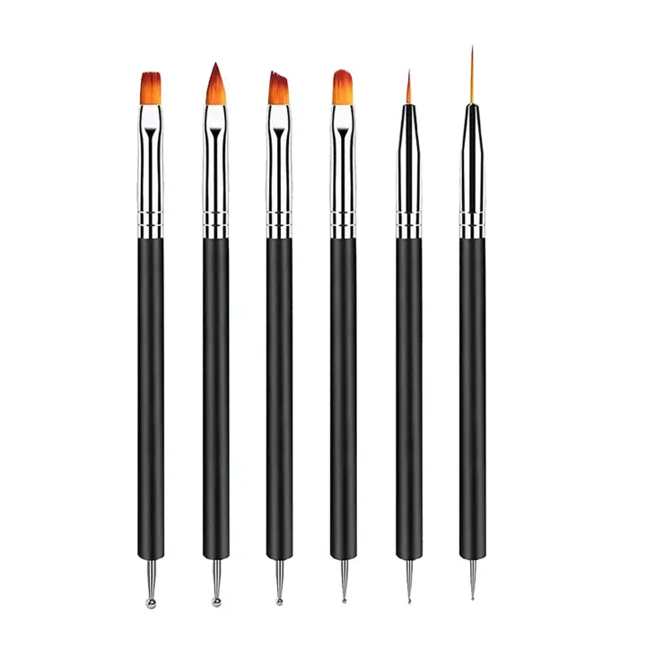 6pcs Doubel Ended Nail Art Brushes, Point Drill Drawing Painting Tools Set for DIY Nail Art Designs, Nail Carving French Nails (Black) - 1
