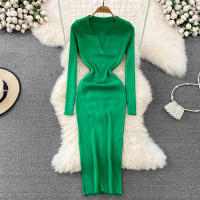 Vestido Largo A-Line Elegante De Cintura Alta Con Escote En V Para Mujer REALEFT Knitted Wrap Vestido De Poliéster Otoño Invierno - details 20