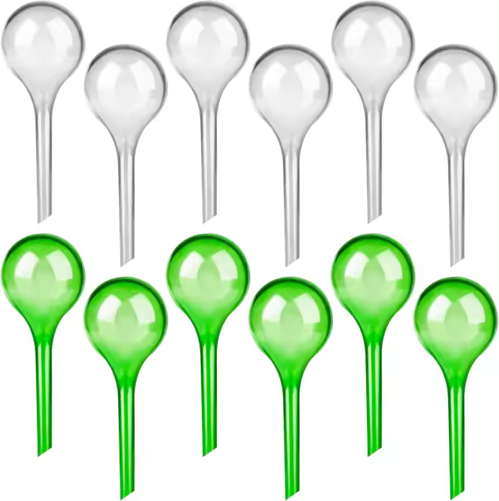 Paquete de 12 globos de riego pequeños de vidrio sintético para plantas de interior - Bombillas de riego por goteo de 2 "de diámetro - Equipo de riego automático de PVC para plantas - 1