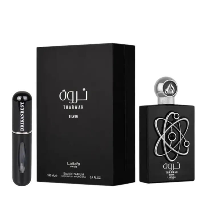Perfume THARWAH SILVER Lattafa Pride Eau de Parfum 100ml Original | Unisex de Larga Duración | Fragancia Fresca y Amaderada + Regalo Atomizador Recargable 5ml Drikanbest - 1