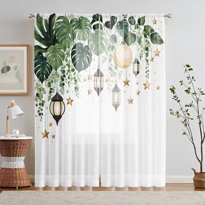 Valance De Ventana Decorativo Estilo Pastoral Con Patrón De Planta 2 Piezas Malla Translúcida Para Decoración De Sala De Estar Y Dormitorio - 1