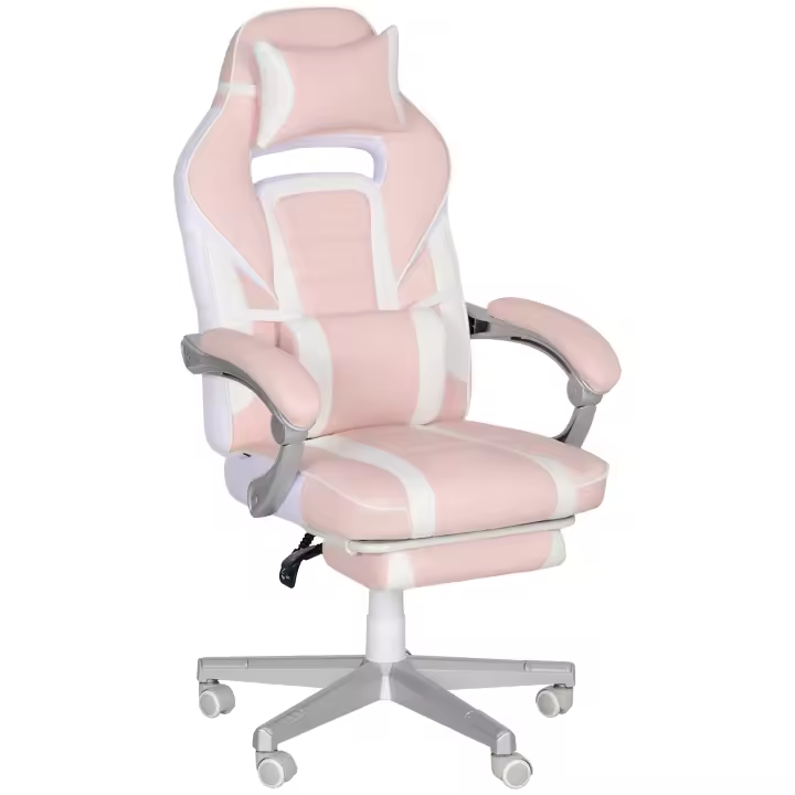 HOMCOM Silla Gaming Silla Gamer Reclinable con Altura Ajustable Reposapiés Retráctil Soporte Lumbar y Reposacabezas Desmontable Silla para Oficina Estudio Rosa - 1