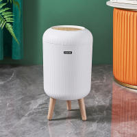 Cesta De Almacenamiento Redonda De Plástico Para Cocina Y Baño Con Tapa De Madera Granulo Contenedor Ecológico Para Basura - details 1