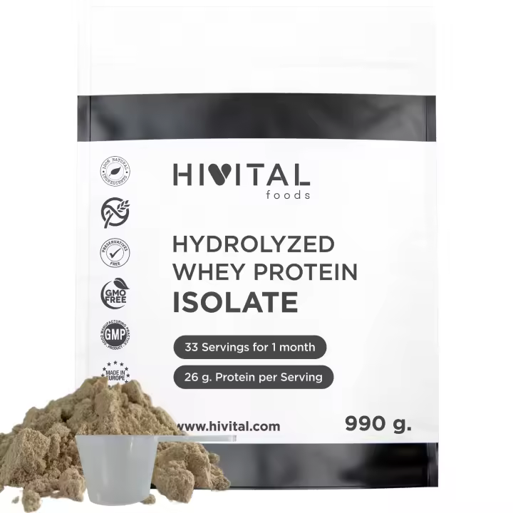 Aislado de Proteína de Suero de Leche 990 g para 1 mes de tratamiento. 26 g al día de Isolate Whey Protein. 100% puro Aislado de Proteina Natural de Suero de Leche. Con Aroma Natural de Chocolate. Hivital - 1