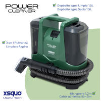 XSQUO Useful Tech. Power Cleaner Aspirador de tapicerías, alfombras moquetas y cortinas Pulveriza, limpia y aspira de una pasada. 400w de potencia, 2 depósitos de agua limpia y sucia.  Manguera de 1,2 m. Radio de acción 7 metros.. Asa de desplazamiento . - details 1