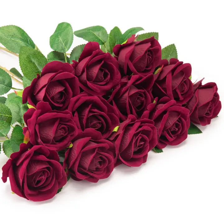 12 Rosas artificiales, flores de franela falsas flores de un solo tallo largo con Rose Buds (rojo vino) - 1