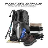 Ociodual Mochila Senderismo 60L Negro Ligera Impermeable Mochila Viaje Supervivencia Plegable Mochila Mujer Camping Mochila Hombre Trekking Montaña Mochilas Marcha Nórdica Deporte - details 5