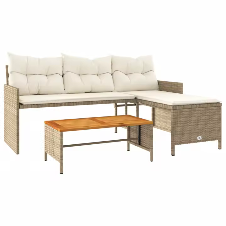 vidaXL Sofá de jardín en forma de L con mesa y cojines ratán PE beige - 1