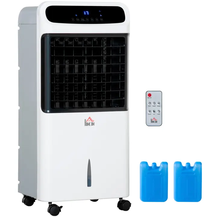 HOMCOM Climatizador Evaporativo Bajo Consumo 4 en 1 Humidificador Climatizador Iones Negativos Depósito 12L Control Remoto 3 Modos 3 Velocidades Temporizador 12 h Pantalla LED Táctil 38x35x81cm Blanco - 1