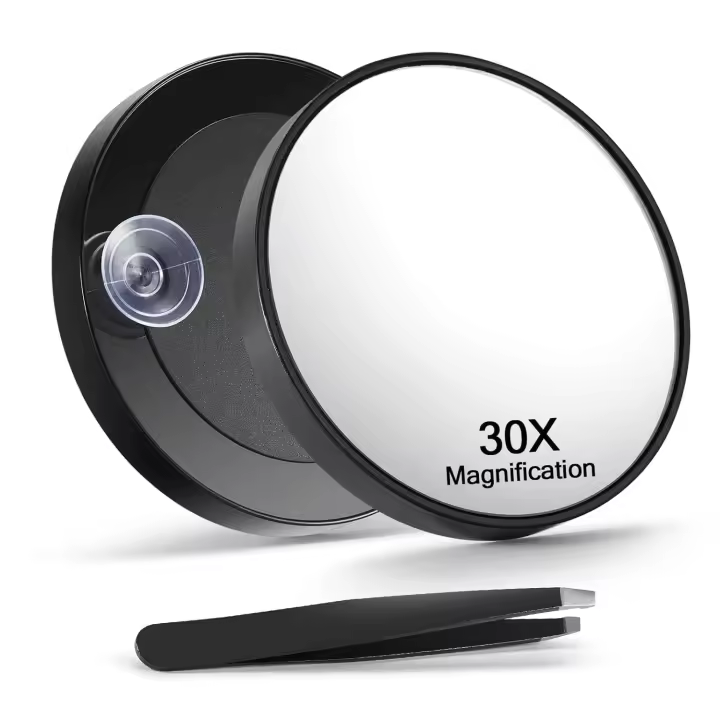 Espejo de aumento 30X, espejo de maquillaje ampliado de 3,5 pulgadas y pinzas inclinadas con 2 ventosas, negro, 1 unidad - 1