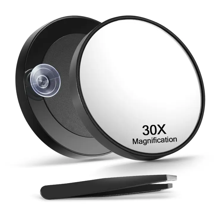 Espejo de aumento 30X, espejo de maquillaje ampliado de 3,5 pulgadas y pinzas inclinadas con 2 ventosas, negro, 1 unidad - 1