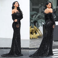 Vestido Elegante De Noche Para Mujer Missord Con Hombros Descubiertos Y Plumas Negro Con Lentejuelas Traje De Baño Fiesta Bodas Silueta De Sirena Ajustado - details 7
