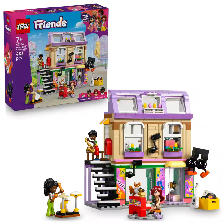 [PREVENTA] LEGO® Friends Tienda de Música y Apartamento Set de Construcción, Juguete con 3 Minipersonajes, Figura de una Corgi, Accesorios, Diversión Creativa, Regalo para Niñas y Niños 42653 - 1