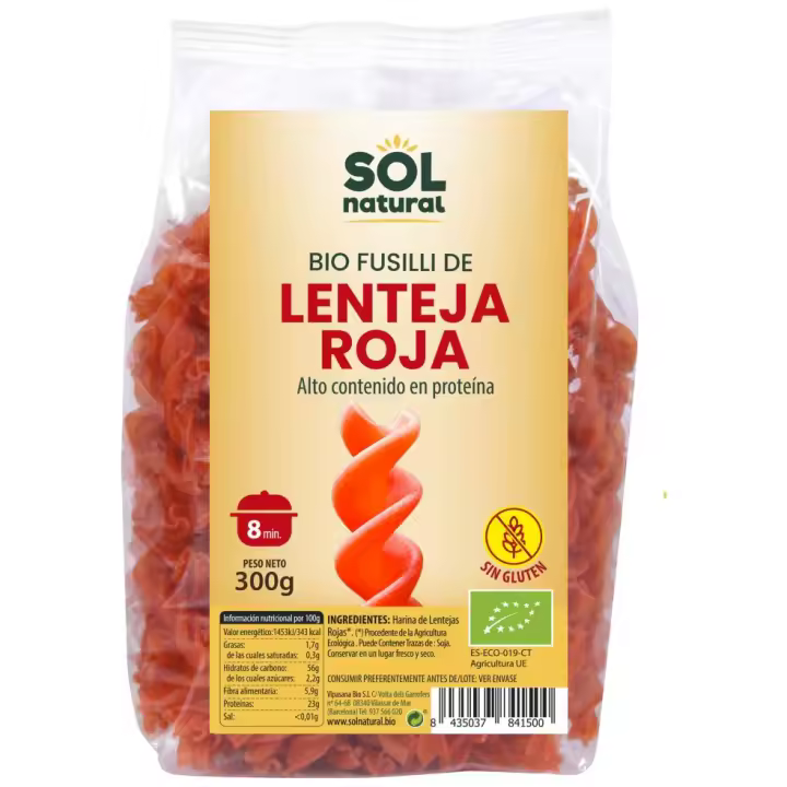 Sol Natural Fusilli de Lenteja Roja sin Gluten Bio 300 gr - 1