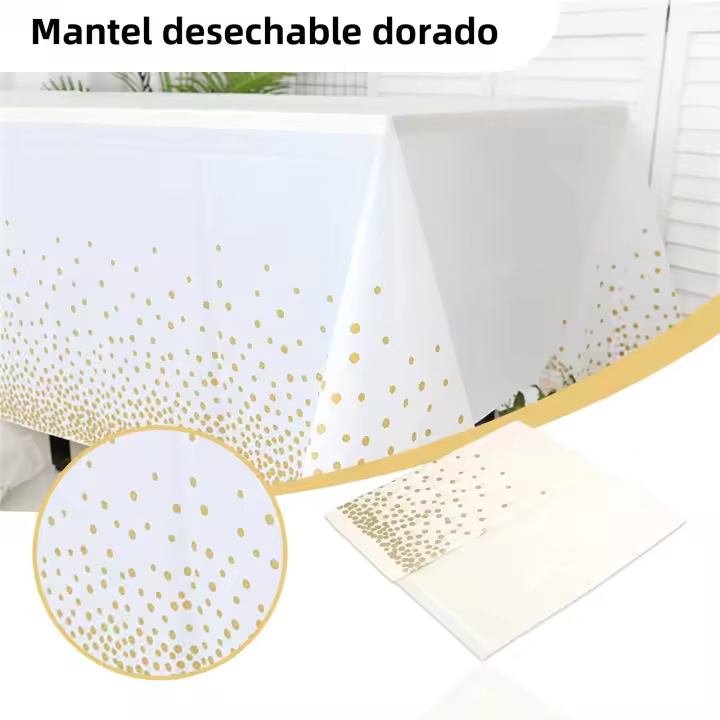 Mantel Plástico Desechable Rectangular Para Fiestas Y Bodas Con Puntos Dorados Impermeable Decorativo De Poliéster Para Interior Y Exterior - 1