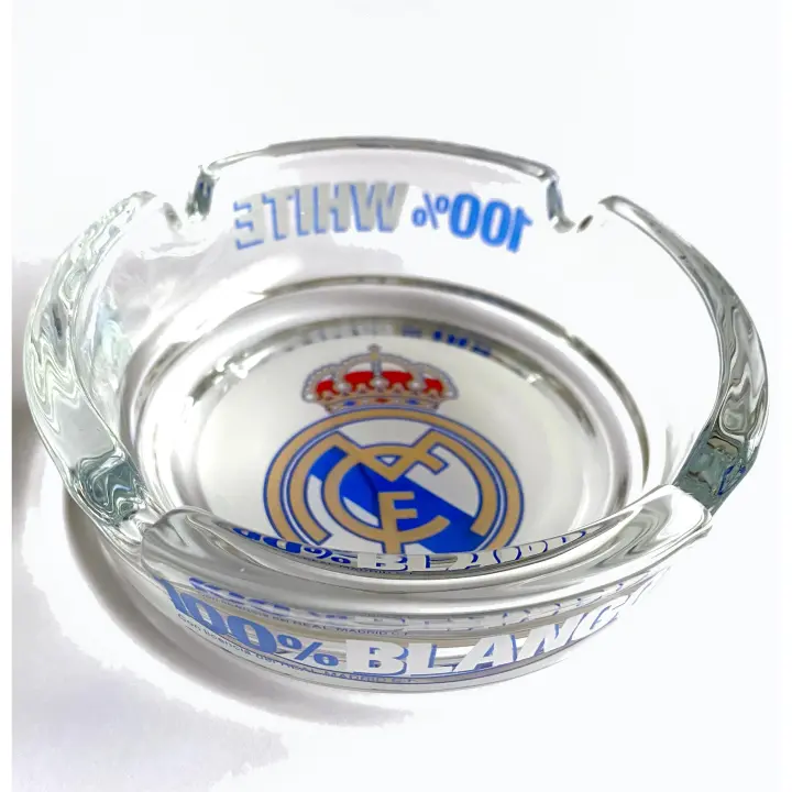 Real Madrid cenicero cristal transparente, con escudo en blanco y azul, 100% Blanco, original, Producto Oficial - 1