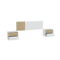 Meimon ETHNA Conjunto Dormitorio: Cabezal para cama de 160 cm y 2 mesitas de noche con 2 cajones cada una, guías metálicas, patas ABS ocultas, melamina TIPO E1, cantos en PVC, acabado Blanco Artik Natur, incluye herrajes de fijación a pared - details 1